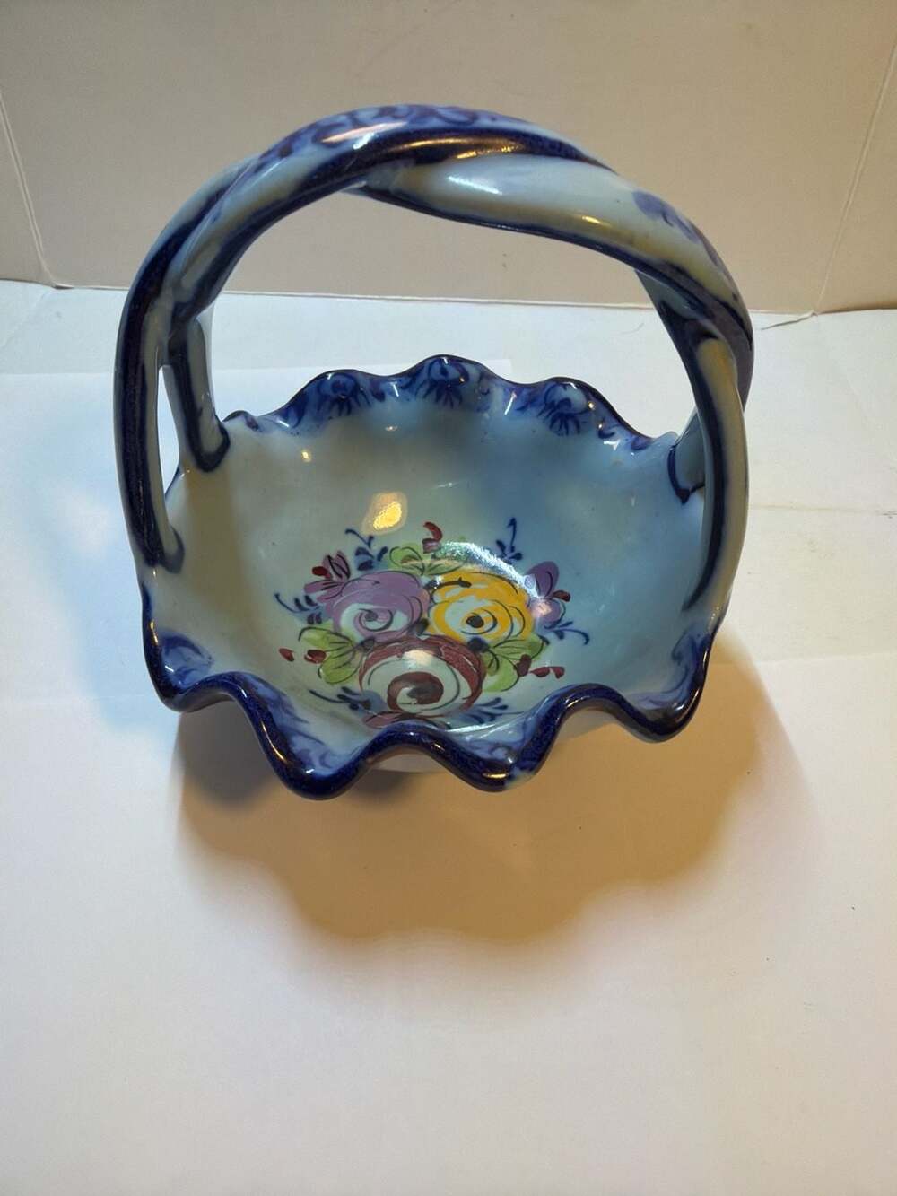 Vintage Vestal Alcobaca Portugal Hand Painted Floral Ceramic Basket Bowl #323